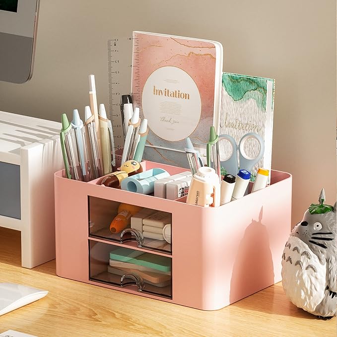 Marbrasse Pen Organizer with 2 Drawer, Desk Organizers and Accessories with 5 - Image 3