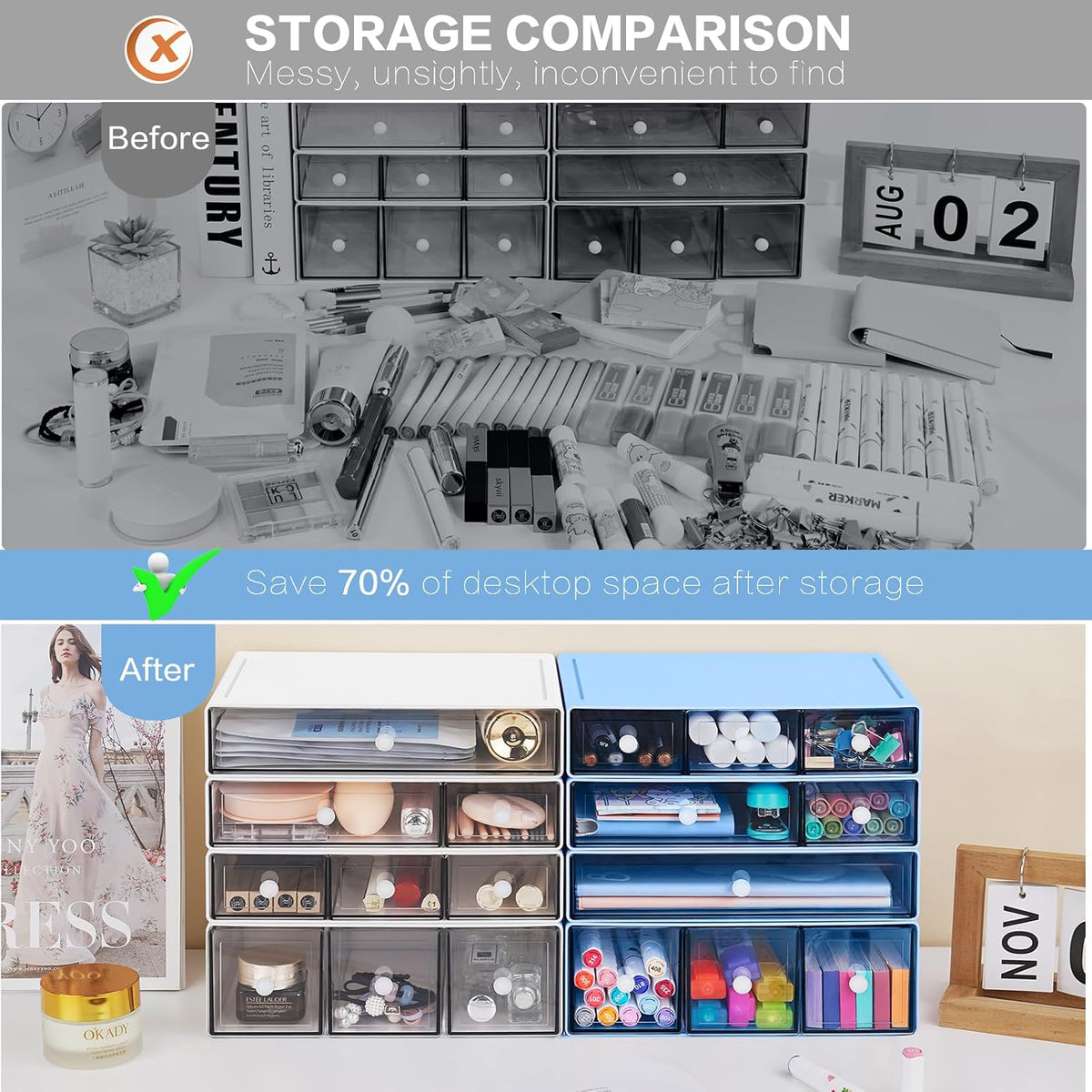 Desk Storage Organizer with 9 Drawers, 4 Tiers Stackable Desktop Craft Storag...
