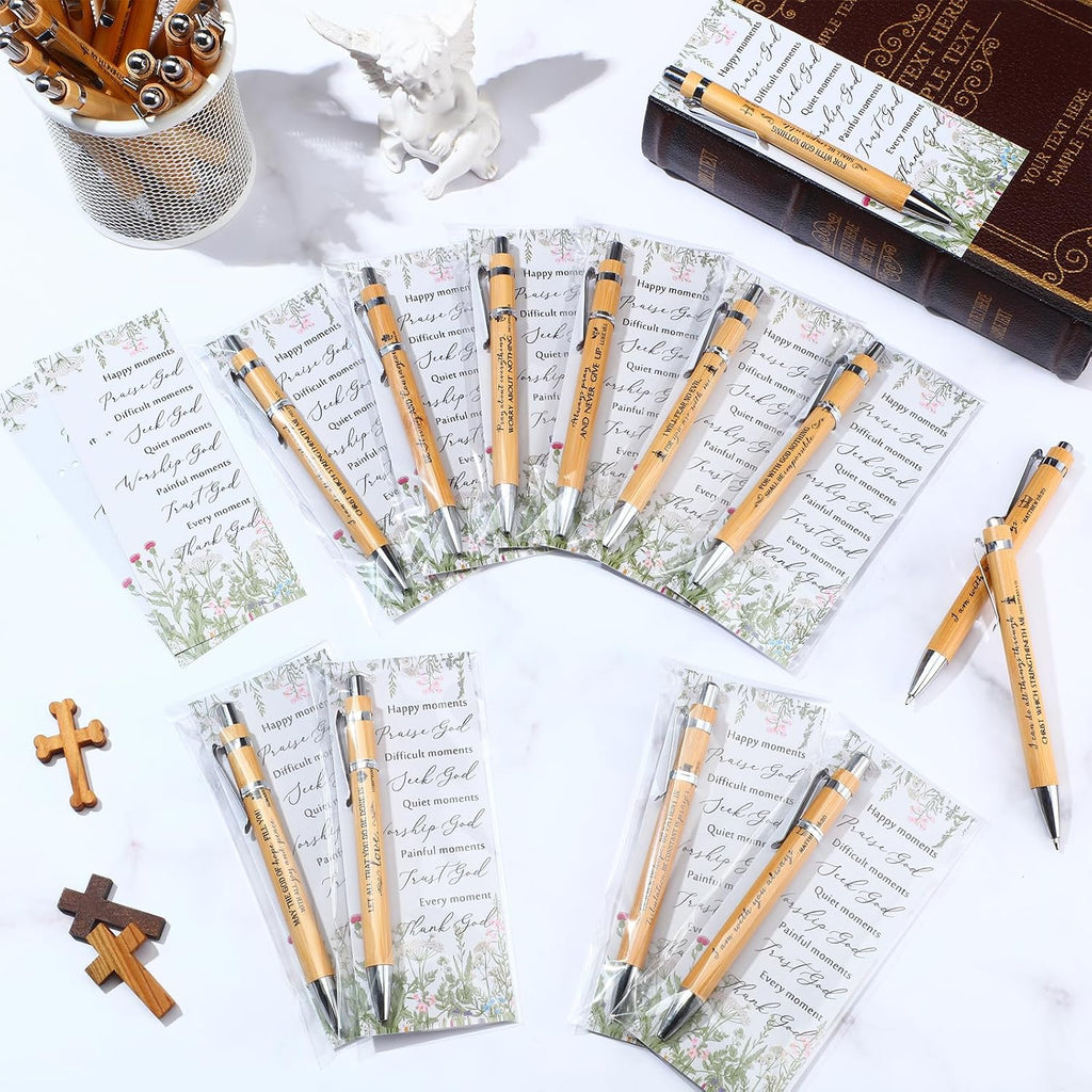10 Set Christian Religious Gifts Bulk Include Bible Verse Pens and Inspirational Bookmarks Scripture Quote Bible Study Group Church Gifts for Christian Pastor (Bamboo)