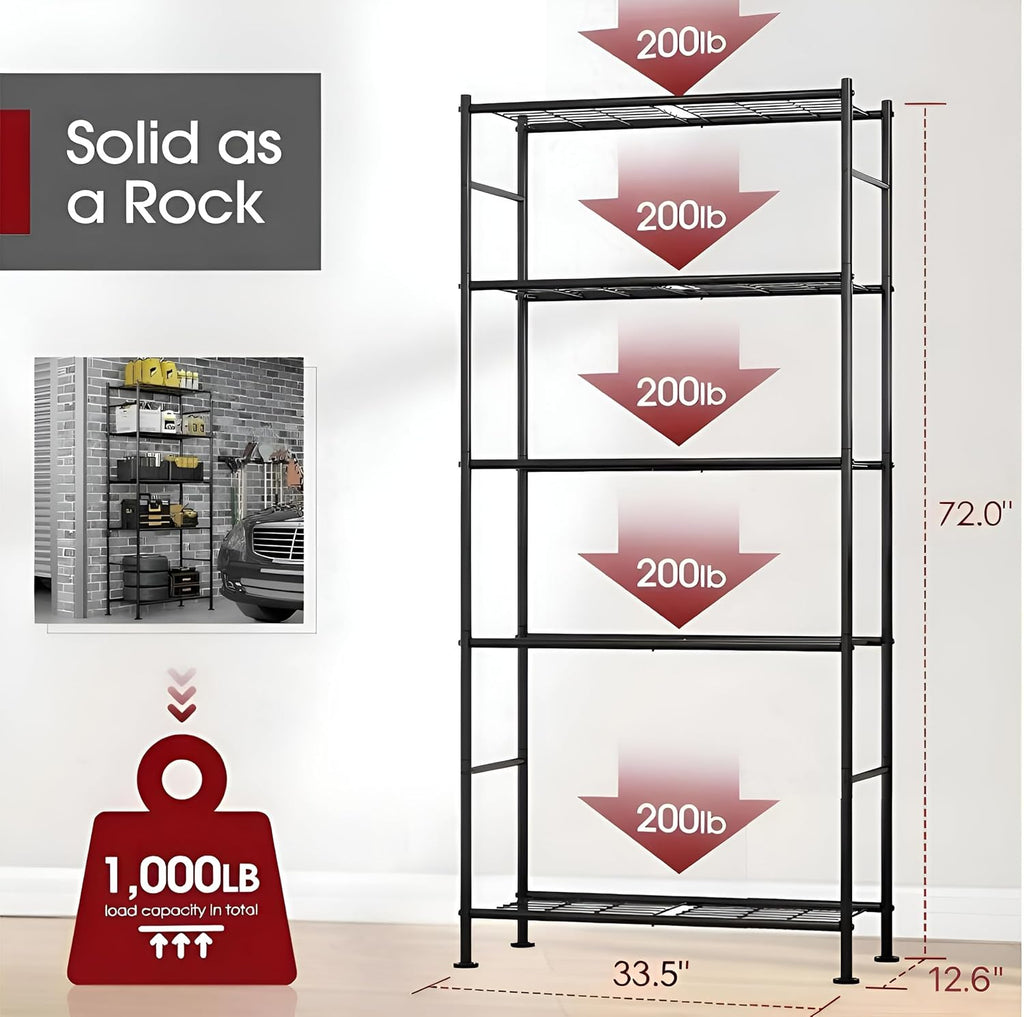 sakugi 2-pack 5-tier steel garage storage shelves, 33.5"x12.6"x72" shown in use