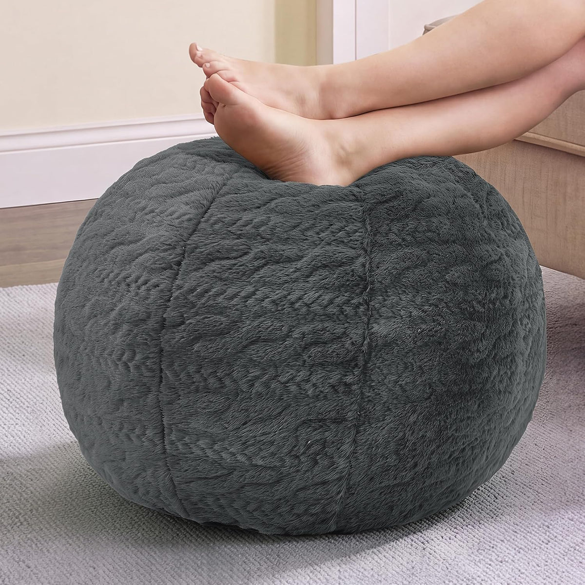 Hobestluk Stuffed Pouf Ottoman Footrest,Round Footstool,Handle,Small,Grey