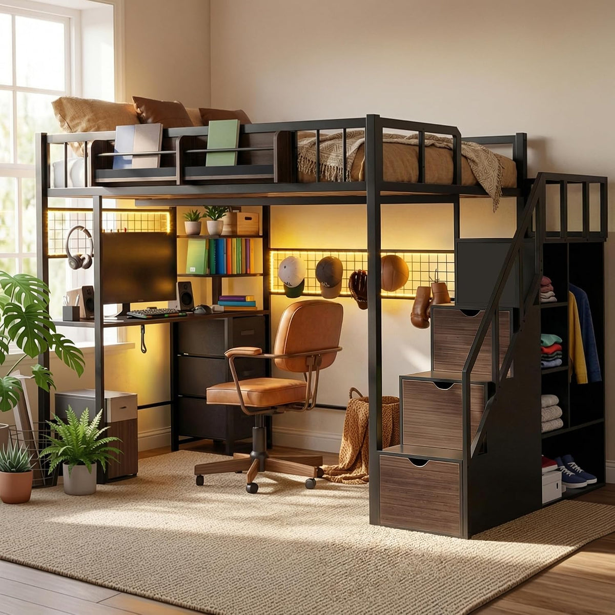 Kikihouse Loft Bed with Desk and Stairs, Headboard, Outlet (Black, Full)