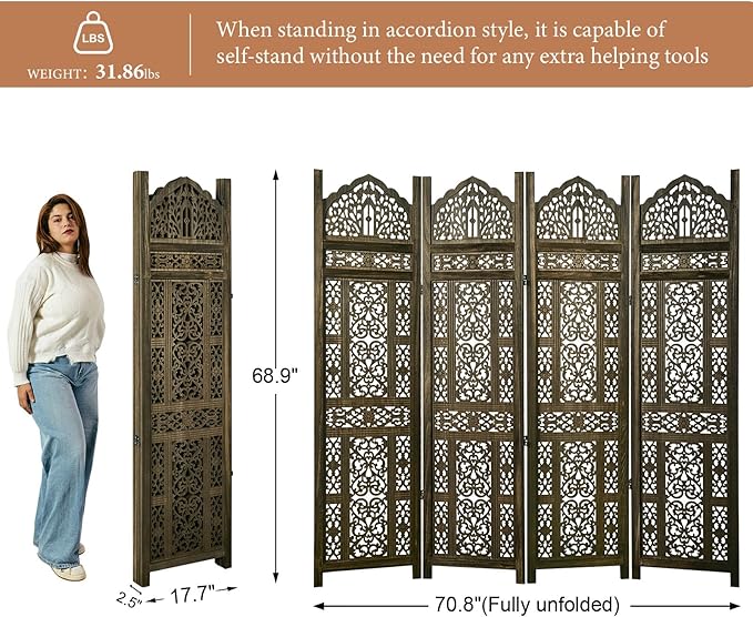 5.75Ft Room Divider Wood Screen, 33Lbs Durable Antiqued Style MDF Carved - Image 4
