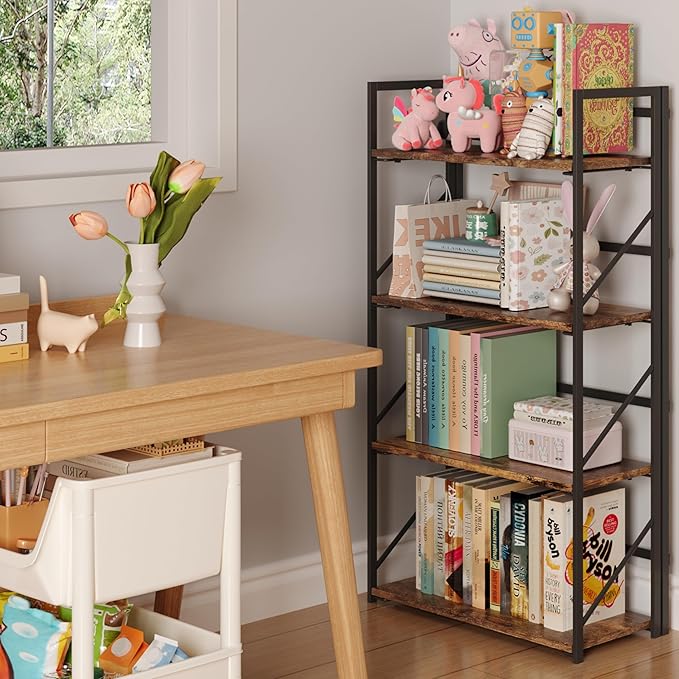JSB No Assembly Folding Bookshelf, 4 Tier Industrial Metal Book Shelf - Image 2