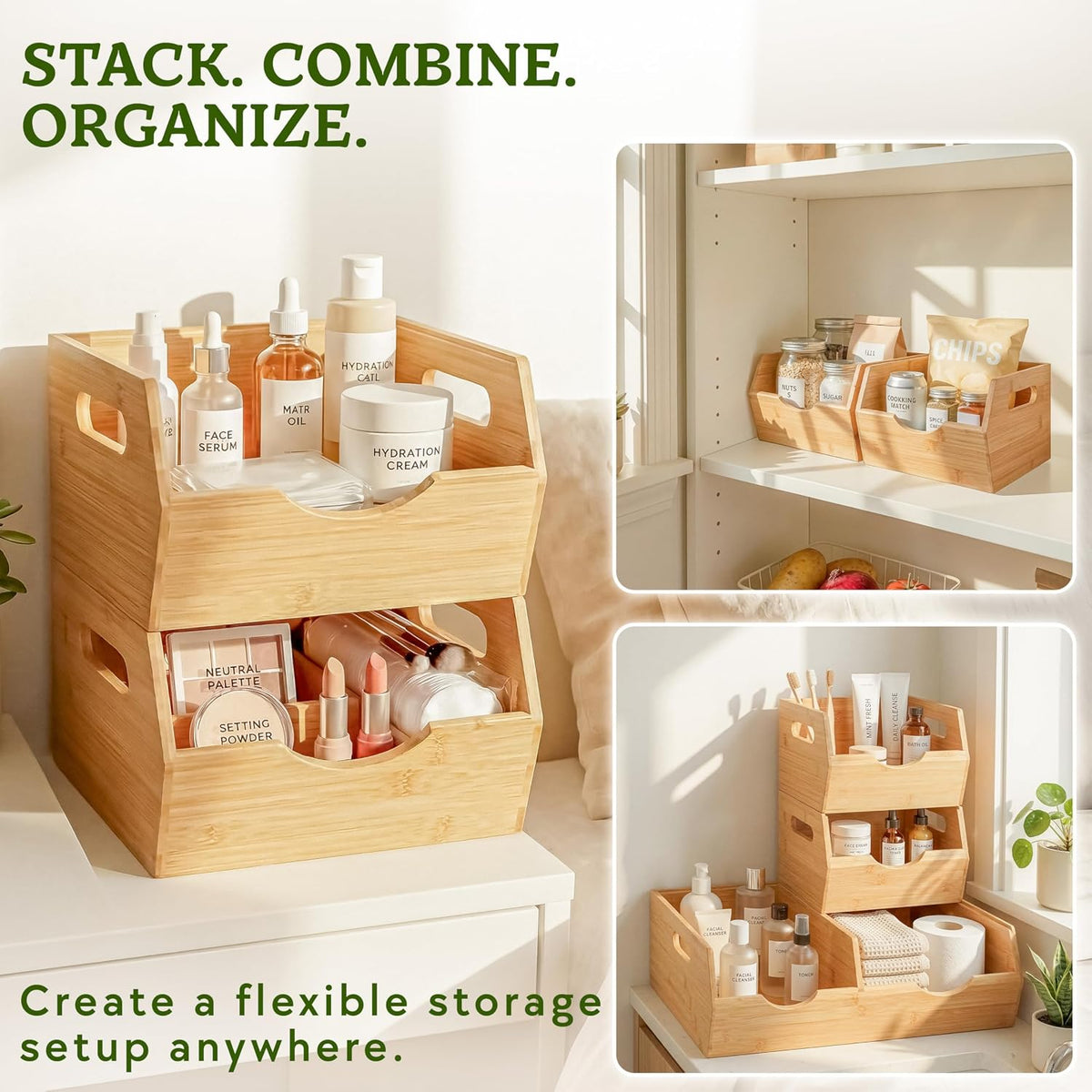 HOMESTEAD Extra Large Bamboo Pantry Storage Bins – 30% Larger, Stackable Pota...