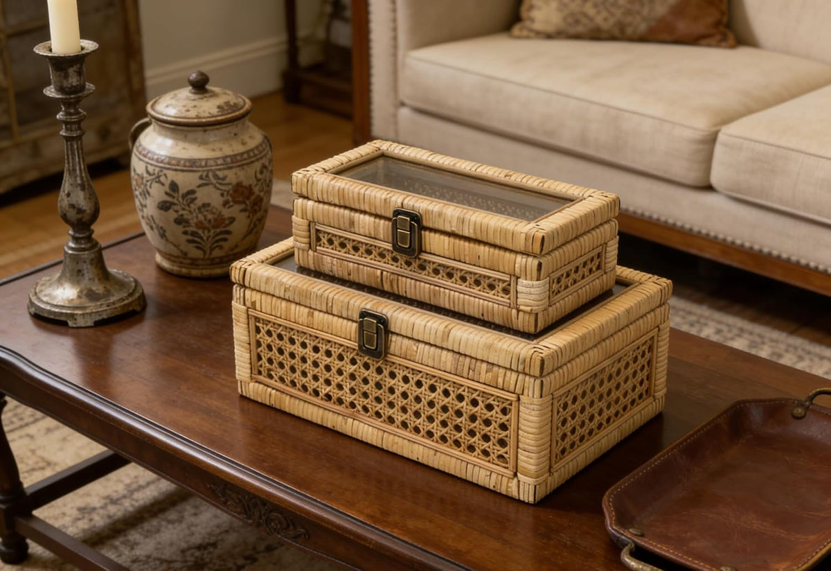 huaxin craft h rattan decorative box with lid, front angle view