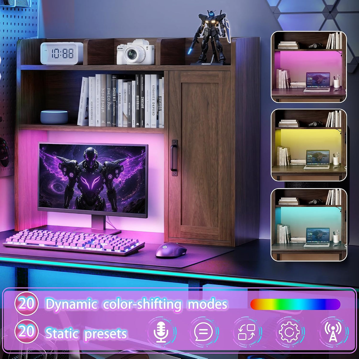 Desktop Bookshelf, Desk Hutch with RGB LED Lights & Power Outlets