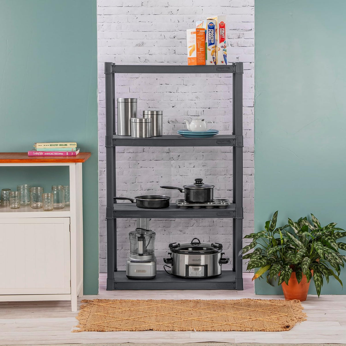 sterilite 4 shelf unit, heavy-duty plastic storage & shown in use