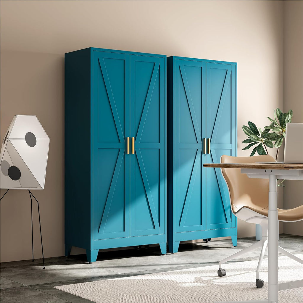 bevivog 71" metal storage cabinet, tall utility closet on a desk or shelf