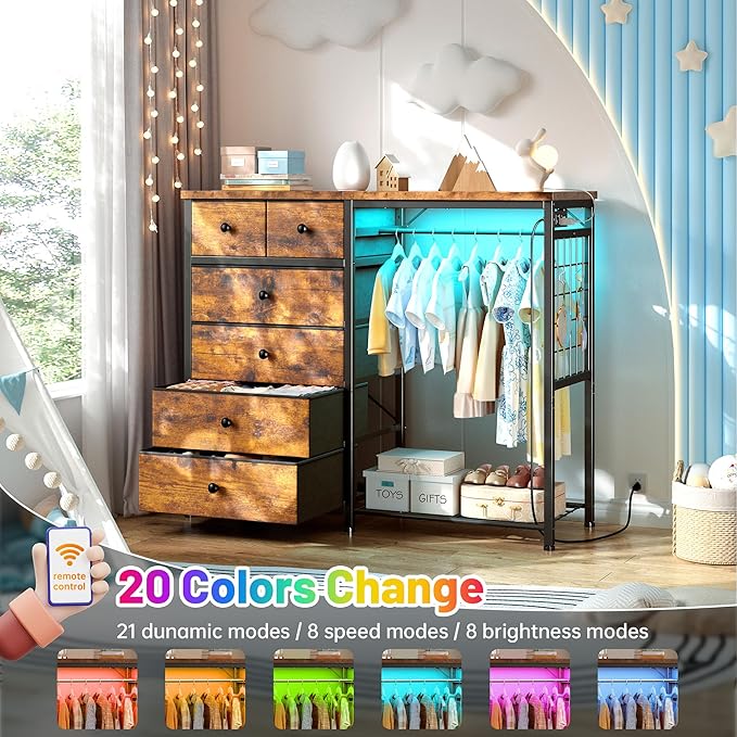 EnHomee 49.2" W Dresser with Hanging Rack & 6 Fabric Drawers – Wooden Top - Image 4