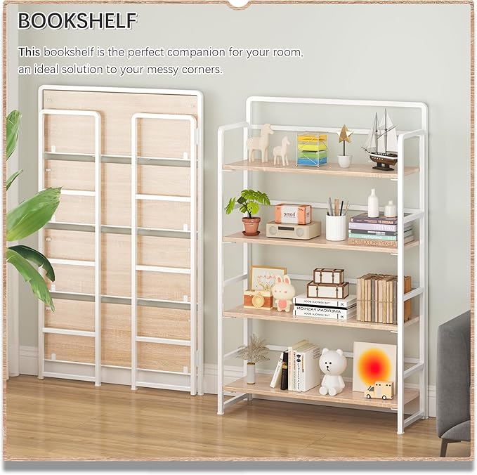 4NM No Assembly Extra Wide 4 Tiers Folding Bookshelf Storage Shelves Vintage - Image 3