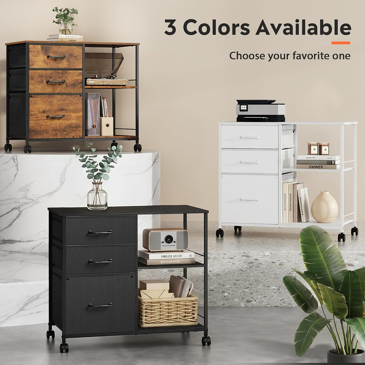 DEVAISE 3 Drawer Mobile File Cabinet, Fabric Lateral Filing Cabinet