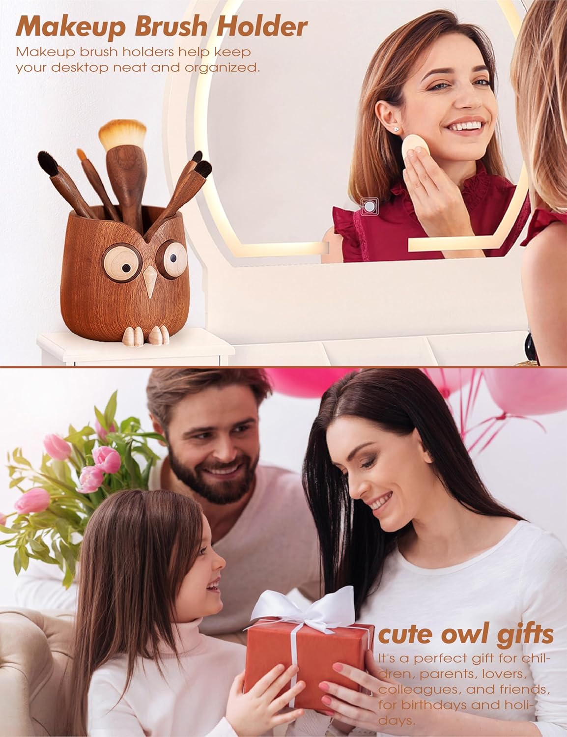 Solid Wood Owl Pen Holder for Desk with Adjustable Expressions, Funny Pencil ...