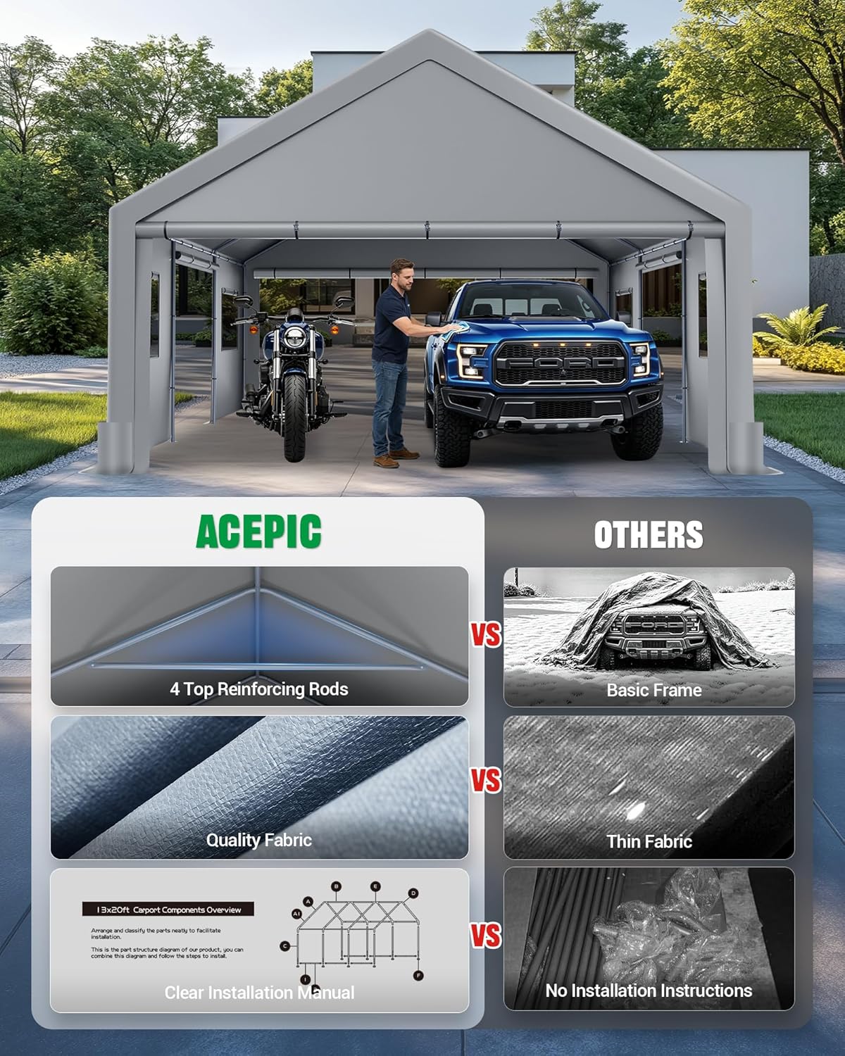acepic upgraded 20x20 heavy duty carport, drive through, side view