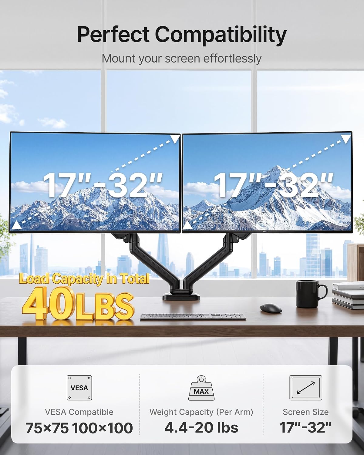 monTEK Dual Monitor Arm for 17-32" Flat/Curved Screen up to 19.8 lbs
