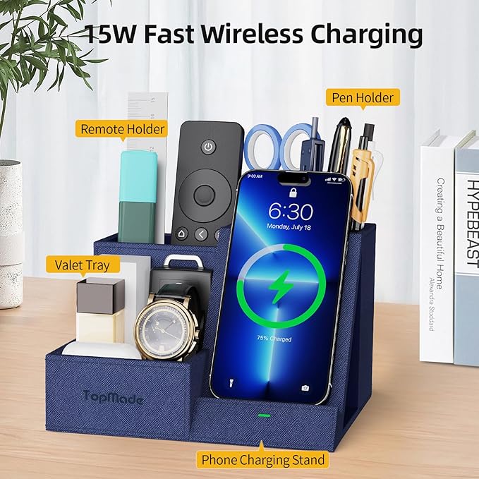 TopMade Wireless Charger with Desk Nightstand Organizer, Leather Pen Pencil - Image 3