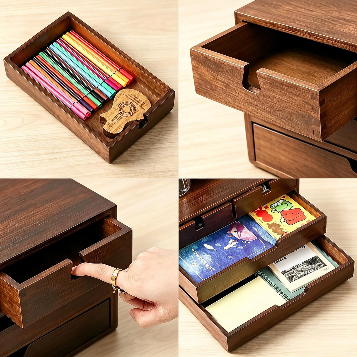 deayou bamboo desk organizer, 100% natural bamboo desktop showing dimensions