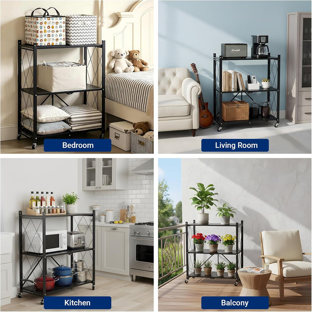 3 tier foldable storage shelves with wheels, metal, package contents