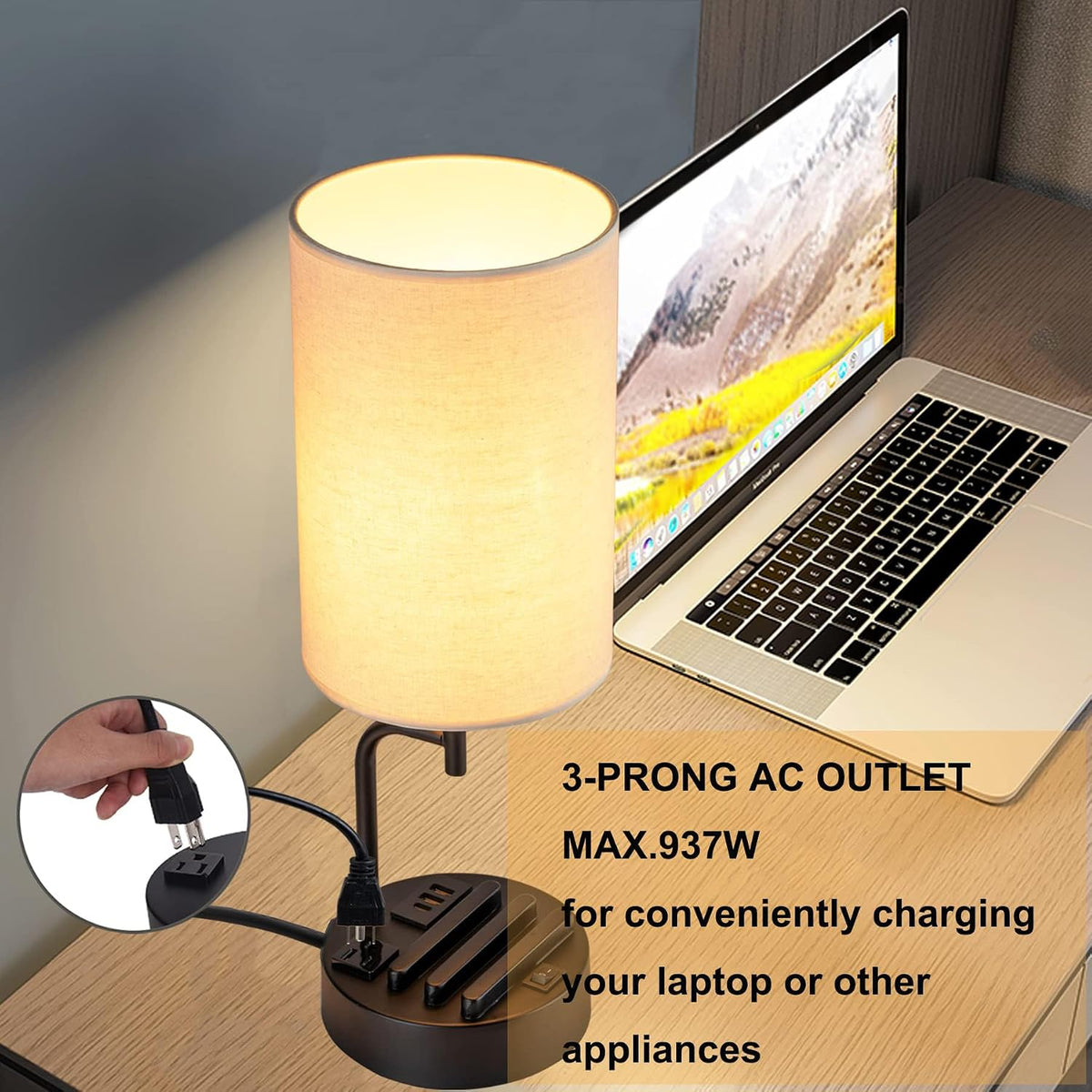 dreamholder table lamp with 3 usb charging ports, close-up detail