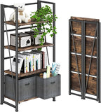 4NM No Assembly Folding Bookshelf Storage Shelves 4 Tiers Vintage Bookcase by 4NM