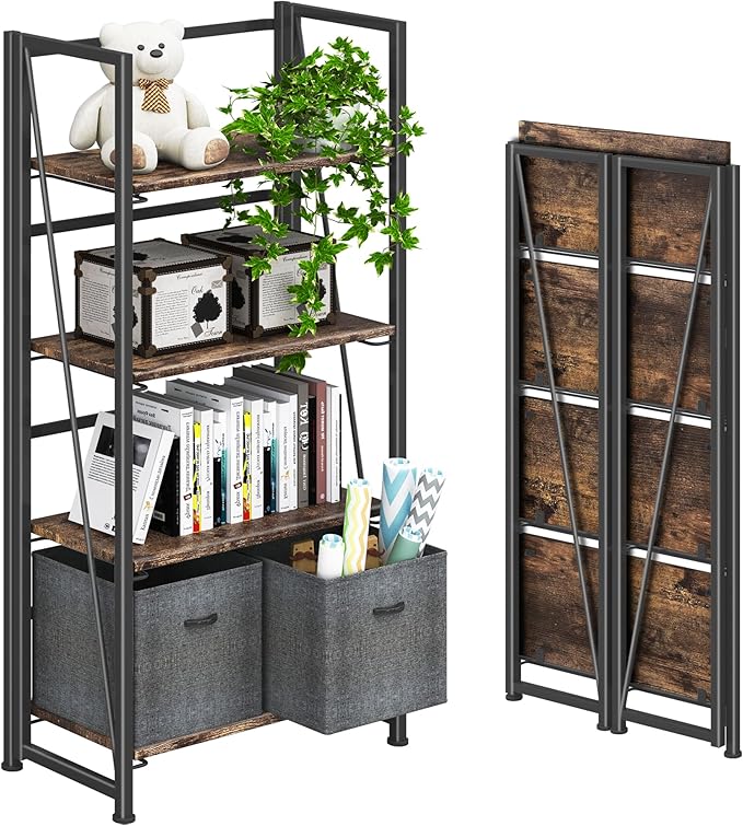 4NM No Assembly Folding Bookshelf Storage Shelves 4 Tiers Vintage Bookcase by 4NM