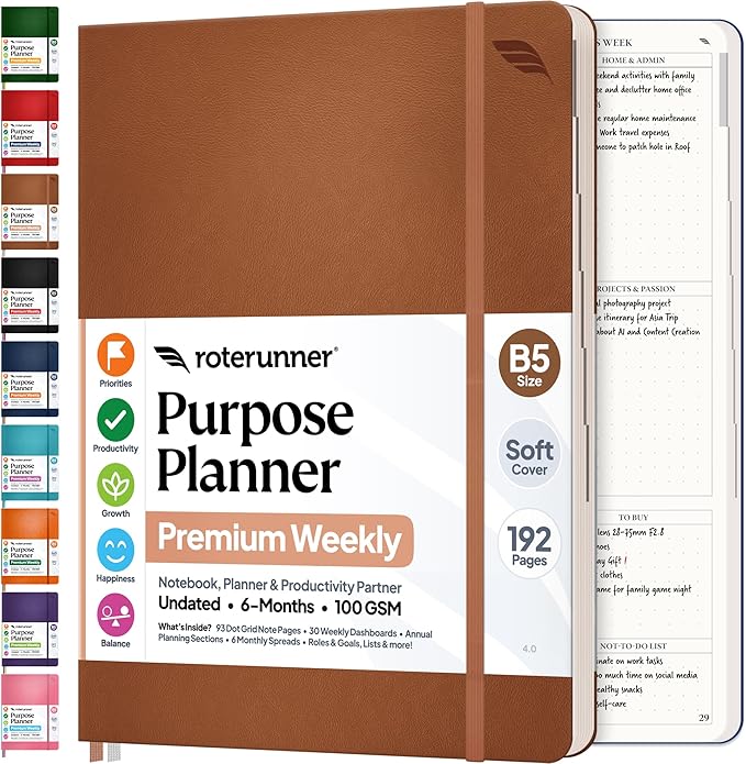 Roterunner Purpose Planner Notebook B5 7.5”x9.8” Undated 2026 Daily Weekly and by Roterunner