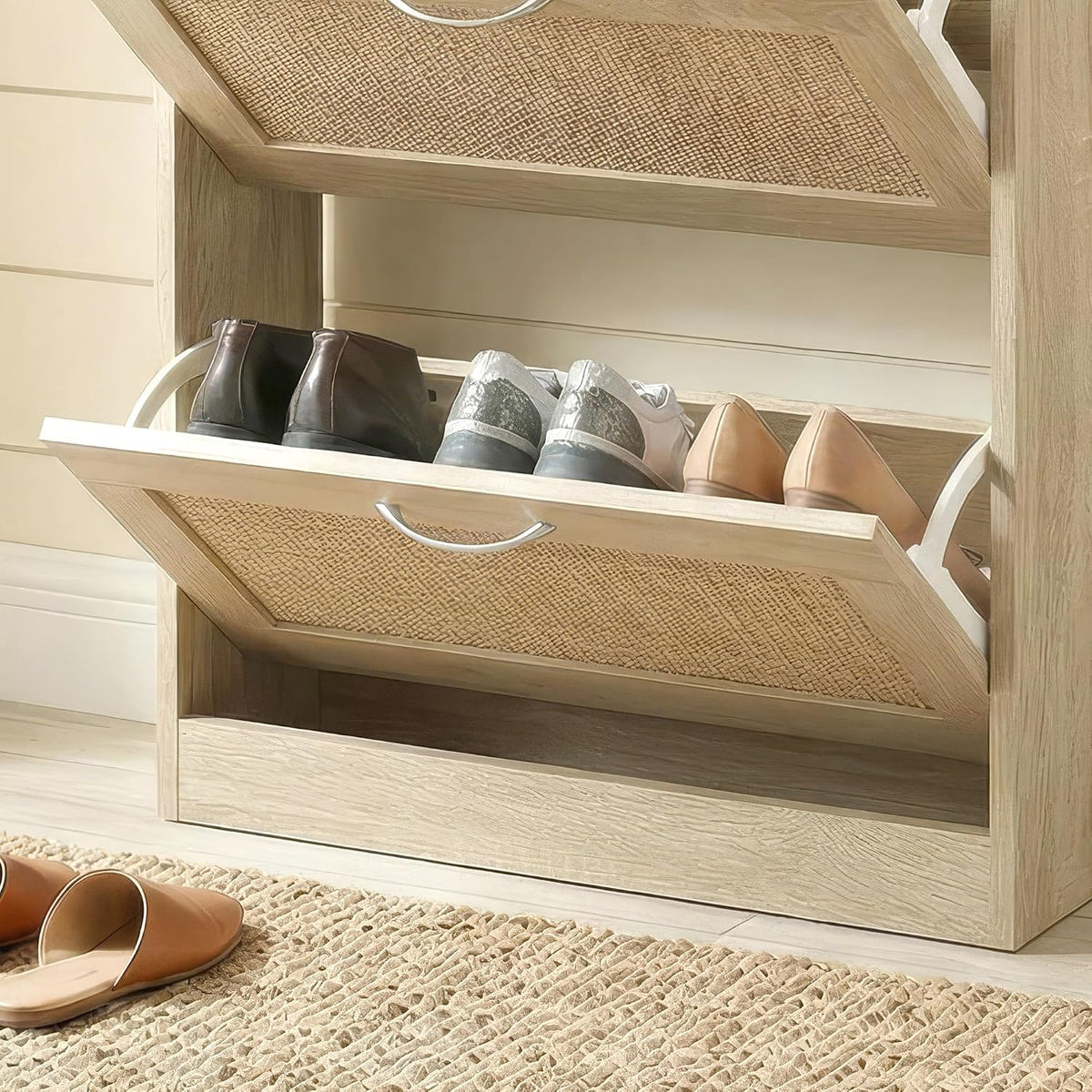 Rattan Shoe Storage Cabinet with 3 Flip Drawers