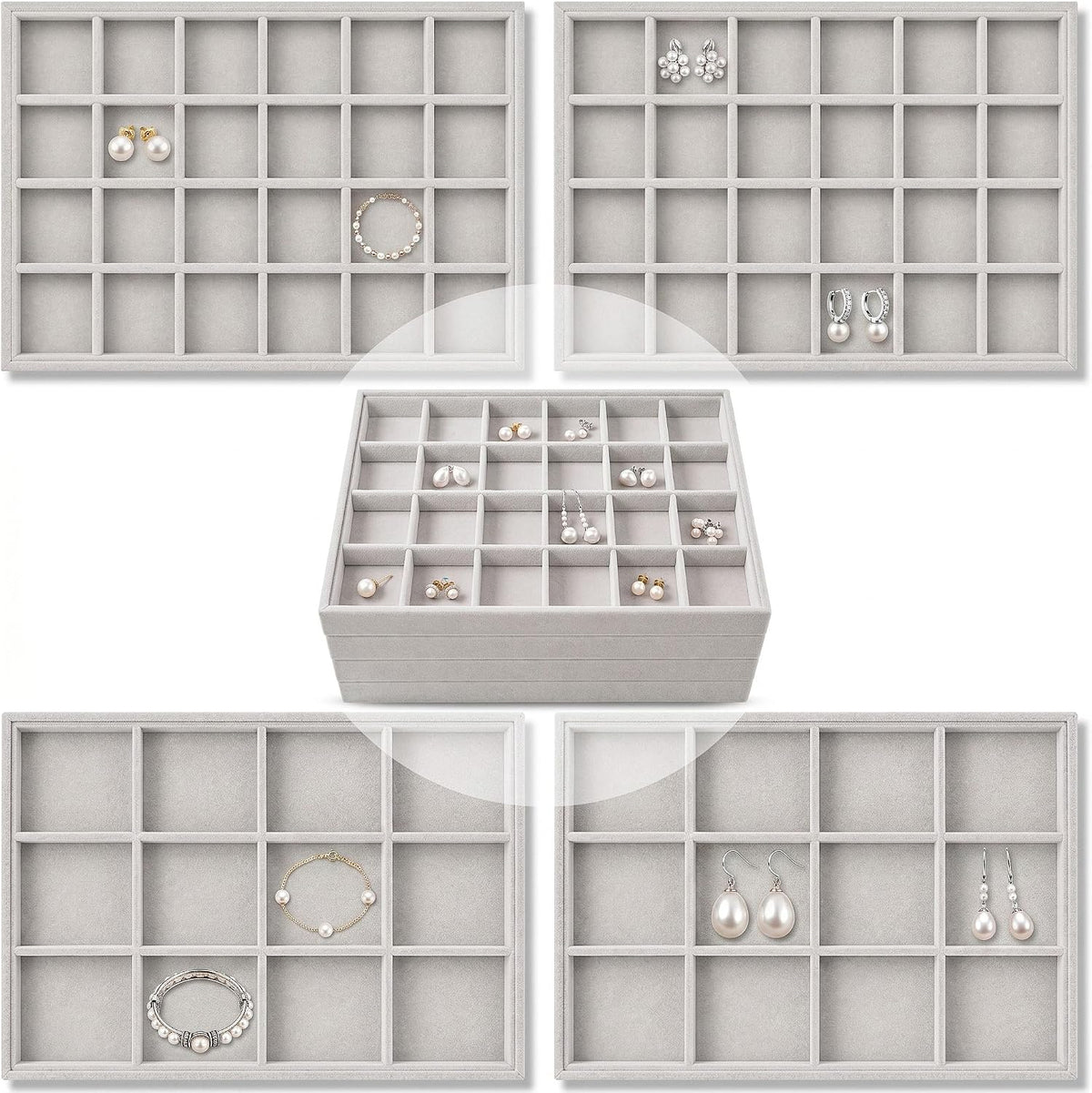 Unittype Set of 4 Stackable Jewelry Organizer Trays, 24+12 Grid, Gray