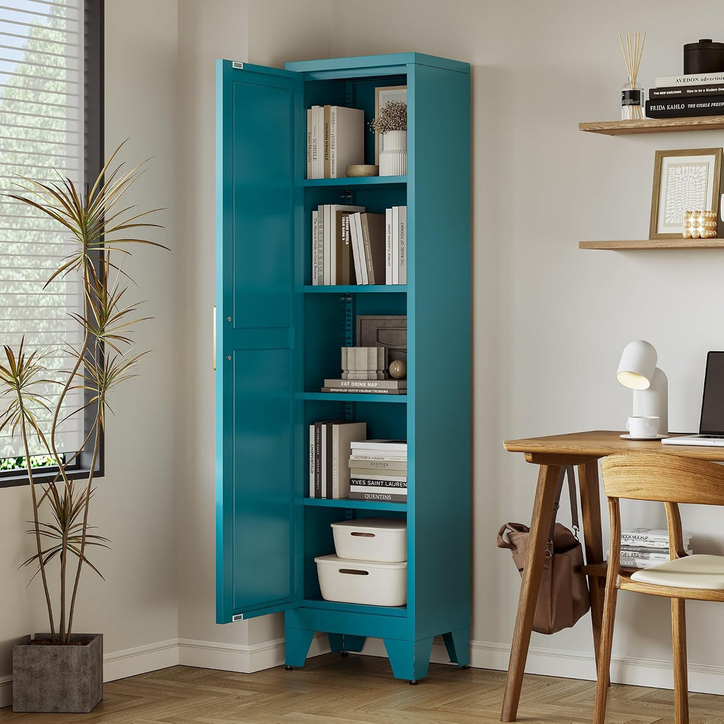 Washsemba 67'' Farmhouse Metal Storage Cabinet with Barn Doors, Steel File Cabinet for Home Office, Kitchen Pantry 4 Adjustable Shelves, Freestanding Cupboard (Peacock Blue)