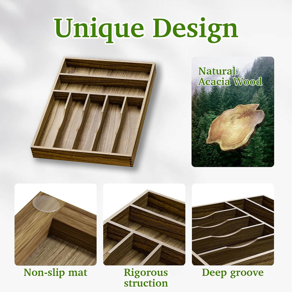 Kiasthome Acacia Wood Silverware Drawer Organizer, Kitchen Utensil Cutlery Dr...