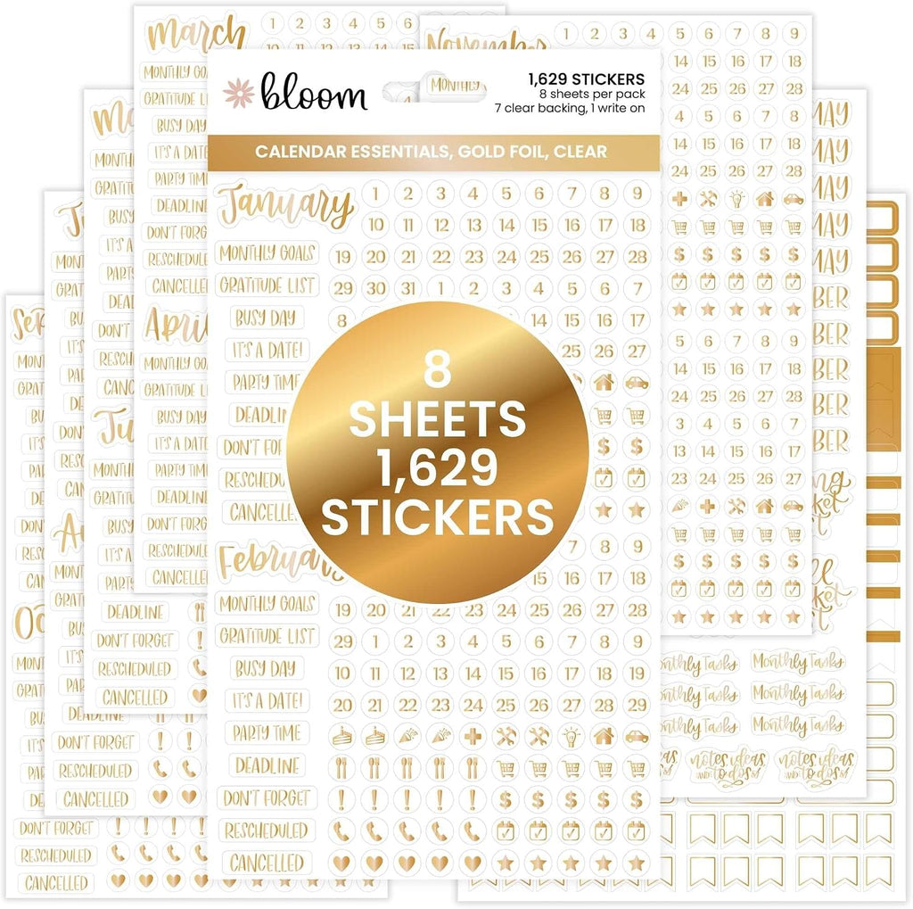 bloom daily planners Metallic Calendar Essentials Planner Stickers - 8 Sheets, 1629 Stickers Per Pack! - Aesthetic Monthly Headings, Dates, Icons, Etc. - Gold Foil
