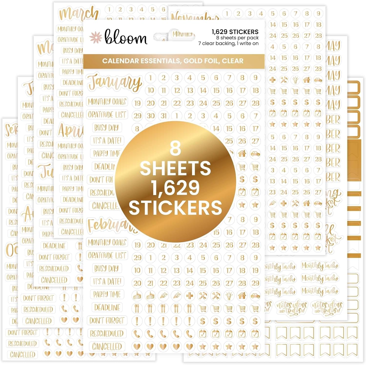 bloom daily planners Metallic Calendar Essentials Planner Stickers - 8 Sheets, 1629 Stickers Per Pack! - Aesthetic Monthly Headings, Dates, Icons, Etc. - Gold Foil