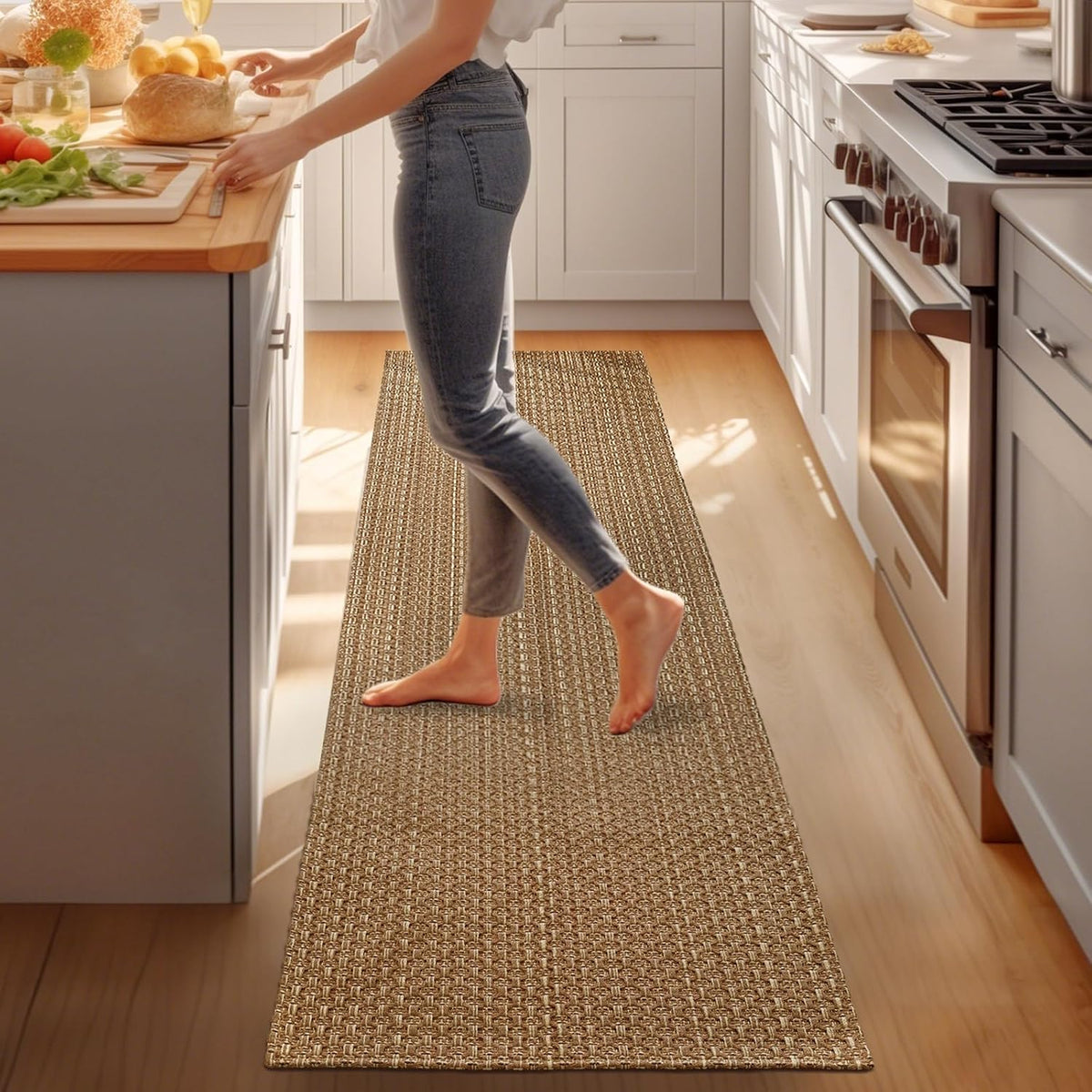 tan brown faux jute runner rug 2x6 ft,braided, front angle view
