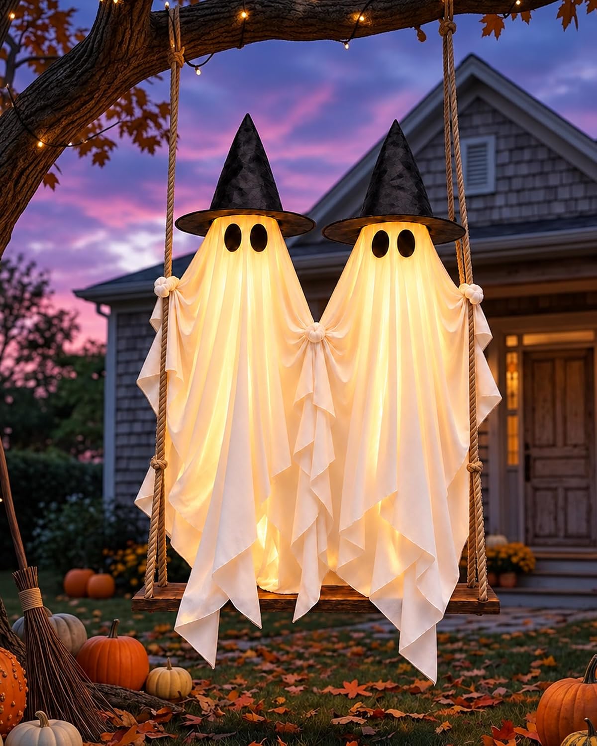 Evoio Halloween Swinging Ghost Outdoor Decor, Two 5FT Ghosts on a Swing, Ligh...