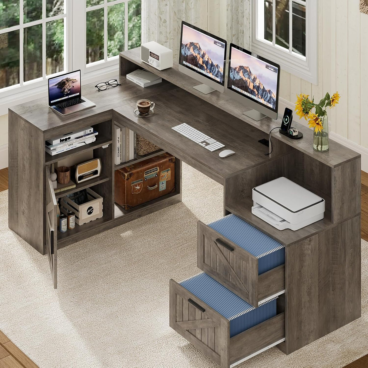 63" Farmhouse L Shaped Desk with Drawers and Printer Stand for Home Office