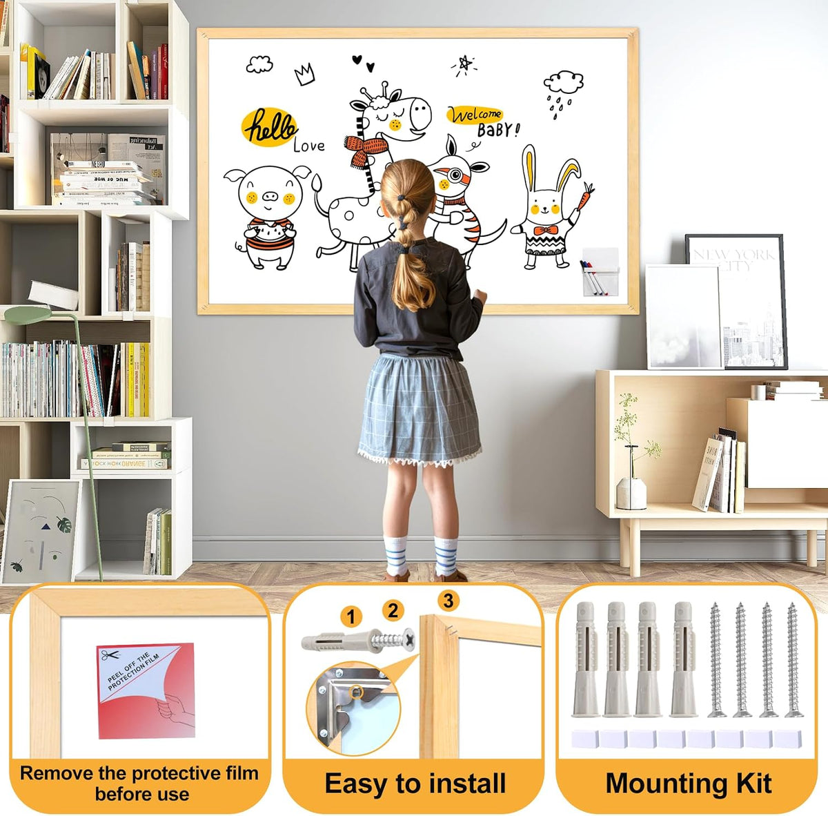 Magnetic Whiteboard 36"x24" Decorative Wood Frame Wall-Mounted