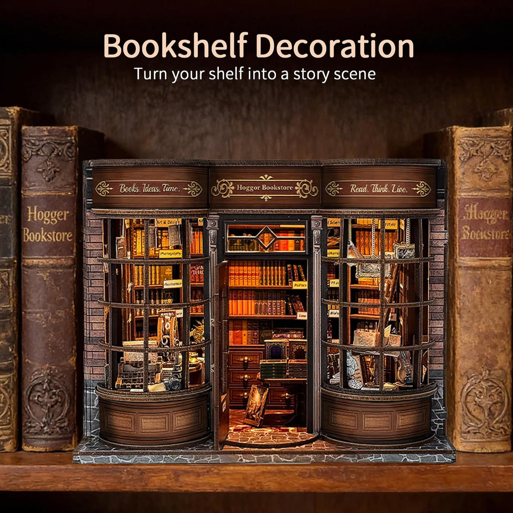 BELEEV Book Nook Kit for Adult and Teens,3D Wooden Puzzle(Hoggor Bookstore) | DIY Miniature Dollhouse Kit with LED Light, Openable Door Booknook Bookshelf Decor Craft, Birthday Gifts for Women Teens