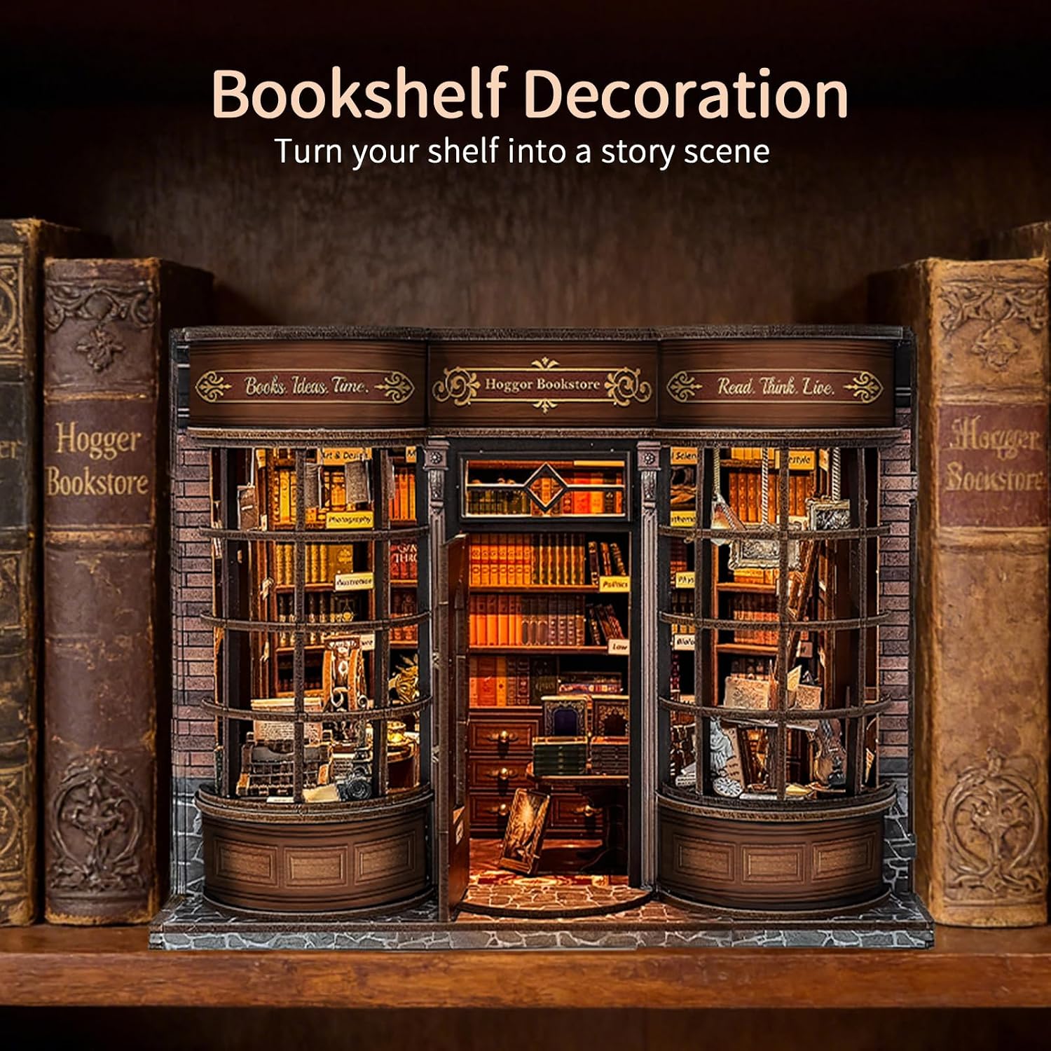 BELEEV Book Nook Kit for Adult and Teens,3D Wooden Puzzle(Hoggor Bookstore) | DIY Miniature Dollhouse Kit with LED Light, Openable Door Booknook Bookshelf Decor Craft, Birthday Gifts for Women Teens