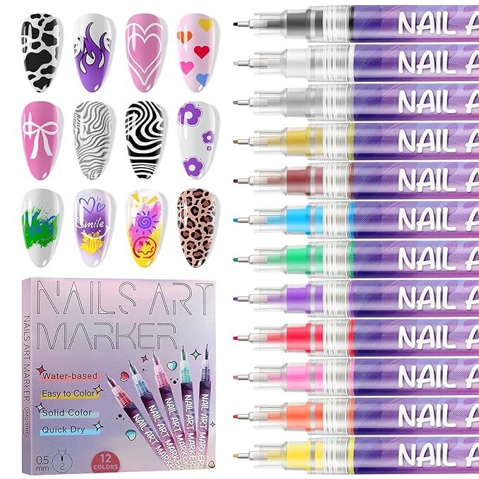 EBANKU 12 Colors Nail Art Pens Kit 0.5MM Ultra-Fine Tip 3D Nail Polish Pens by EBANKU