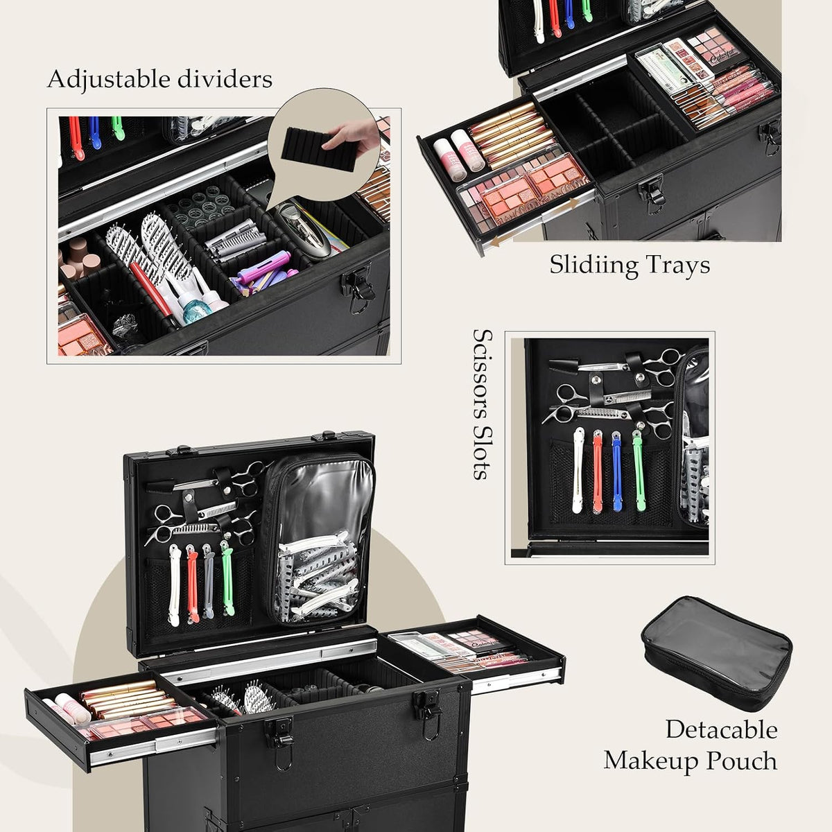 Joligrace Professional Rolling Makeup Case 4 Drawers Pro Makeup Artist Cosmet...