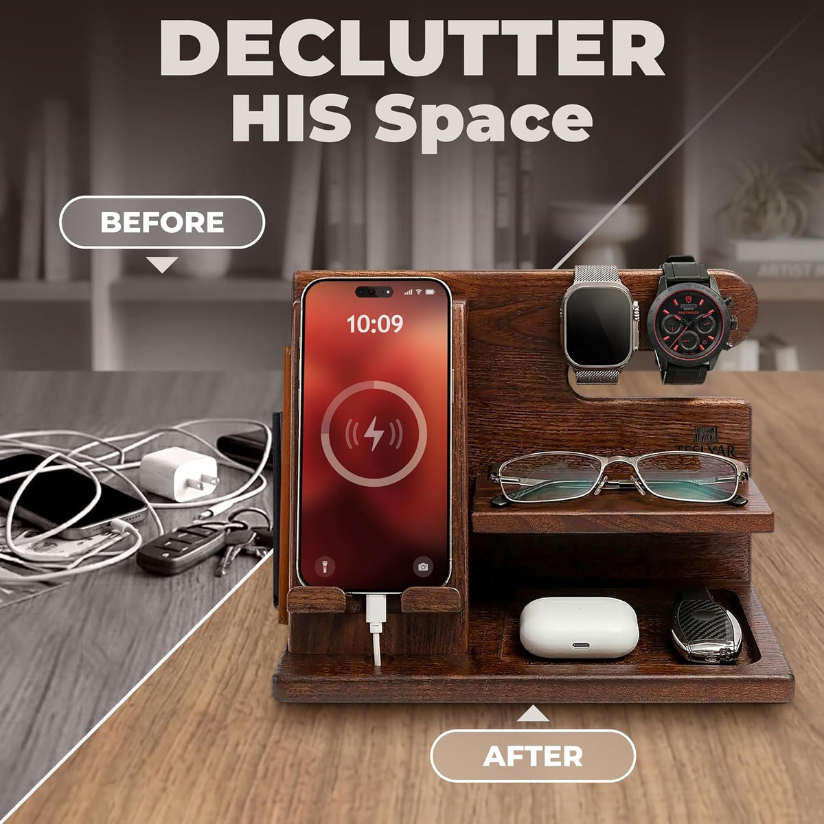 TESLYAR Wood Phone Docking Station for Men - Desktop or Nightstand Organizer ...