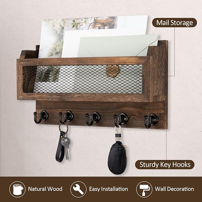 Nekon Mail and Key Holder for Wall Decorative, 11 Inch Wooden Wall Key Organizer - Image 3