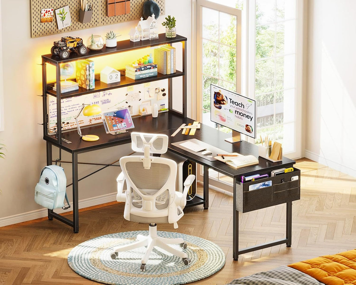 AODK L Shaped Desk Gaming Desk with LED Light & Power Outlet