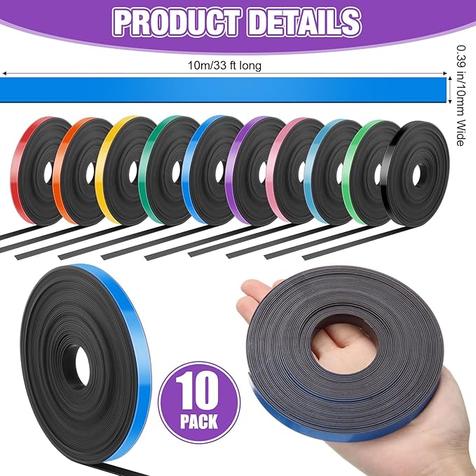 Saypacck 10 Rolls Whiteboard Magnetic Strips Roll Thin Strips 0.39 in x 16.4 ft - Image 2