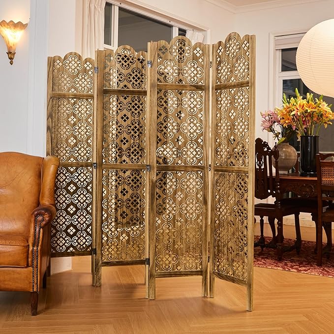 68.9Inch Folding Room Divider, 6 Panels Wood Carved Privacy Screens, Free - Image 2