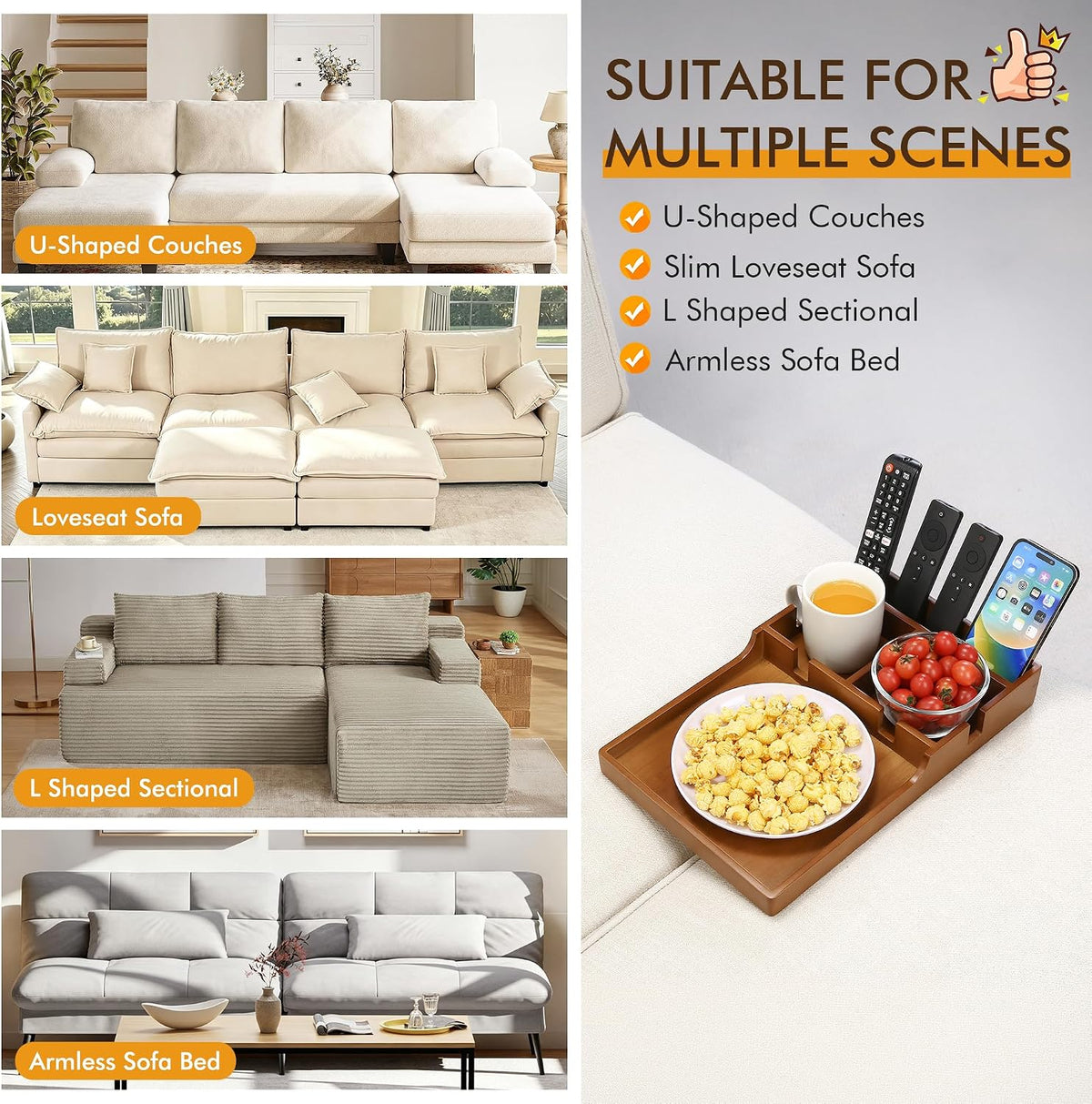 SINWANT Couch Table Insert Between Cushions,3 Adjustable Position Holes