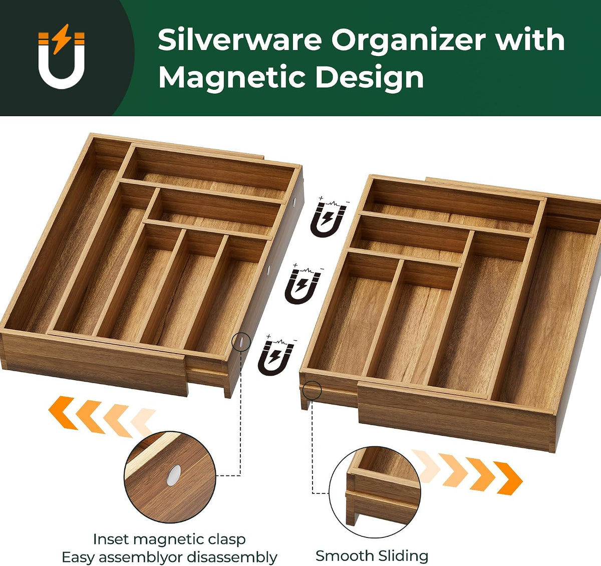Large Silverware Organizer, 13 Slots Magnetic Connected Expandable Acacia Woo...