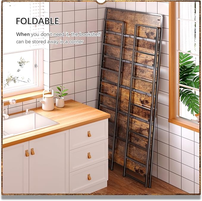 4NM No Assembly Extra Wide 6 Tiers Folding Bookshelf Storage Shelves Vintage - Image 4