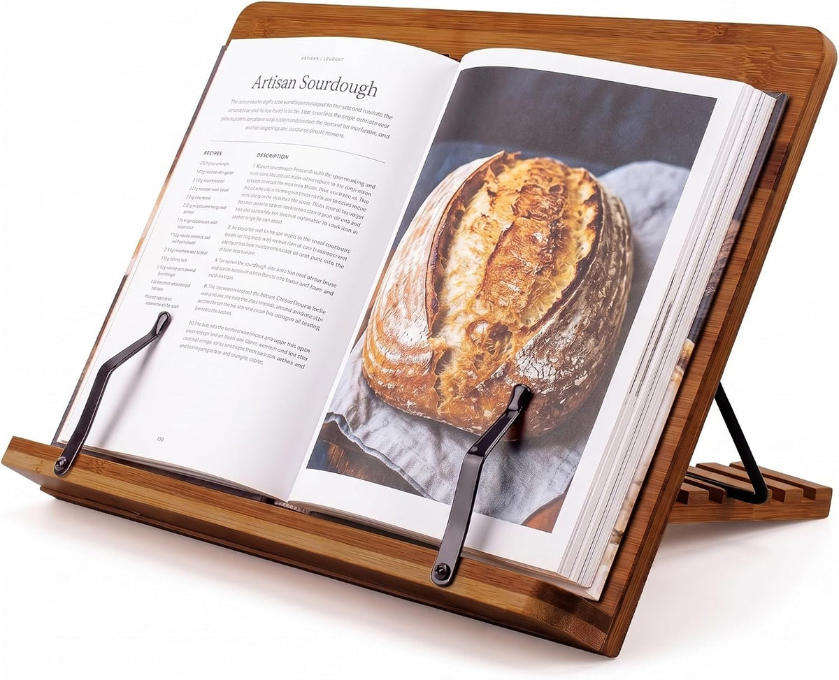 Bamboo Cookbook Stand Large, Adjustable Book Holder Tray and Page Paper Clips...