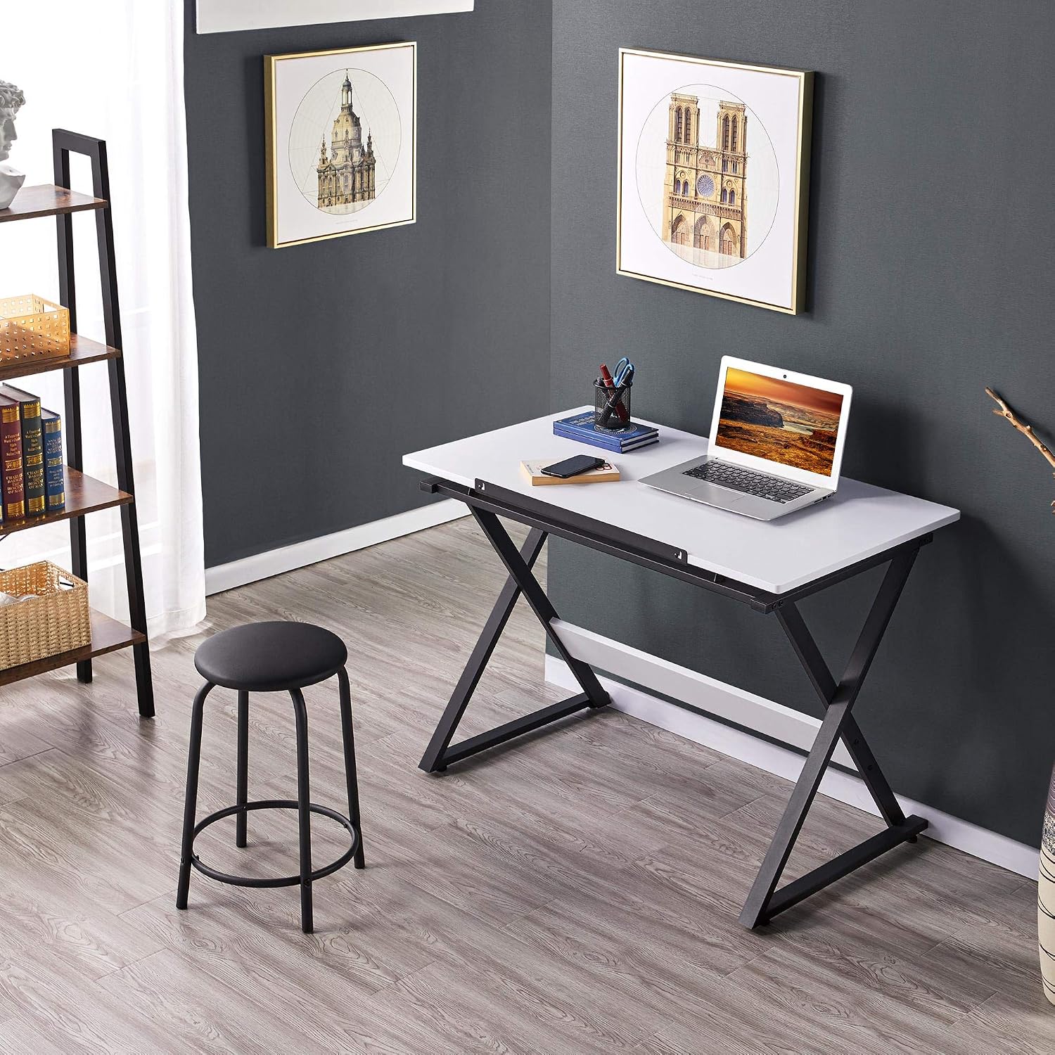 Yaheetech Height Adjustable Drafting Table, Tilting Art Desk, White | Sturdy powder-coated steel X-frame holds an MDF top tilting 0-30° and adjusting 30-41in tall for drawing, crafts and puzzles.